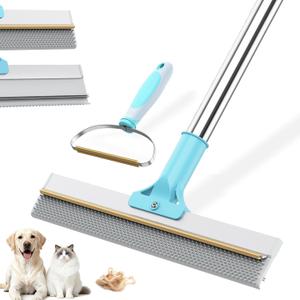 Hotsky Carpet Rake for Pet Hair Removal,3 in 1 Reusable Silicone Carpet Broom,54 inch Adjustable Cat Dog Hair Remover Tool with Lint Scraper and Patented Design for Rugs,Mats,Sofas,Floors (Blue)