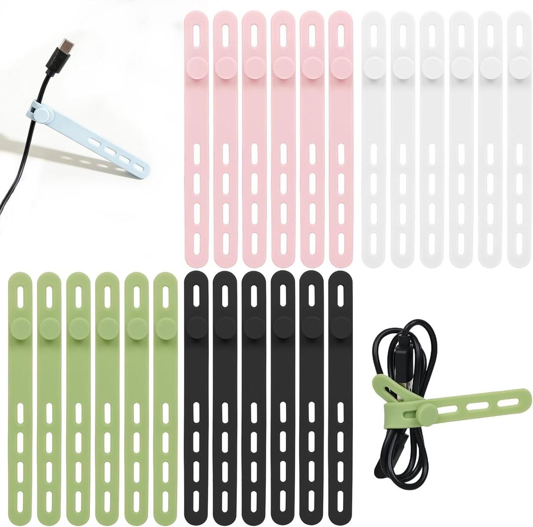 Donruby Silicone Cable Ties - Reusable & Washable with Locking Buckles, Adjustable Fastening Cable Management Straps, Multi-Purpose High Elasticity Cord Organizer (4 Colors) (Black/White/Pink/Green)
