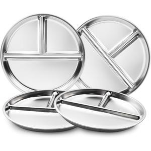 Stainless Steel Kids Plates Set of 4, 9" Portion Control Plates Divided Plate for Adults Toddlers Balance Lunch, Bariatric & Diabetic Diet, Non Toxic Camping Metal Snack Plate for Eating
