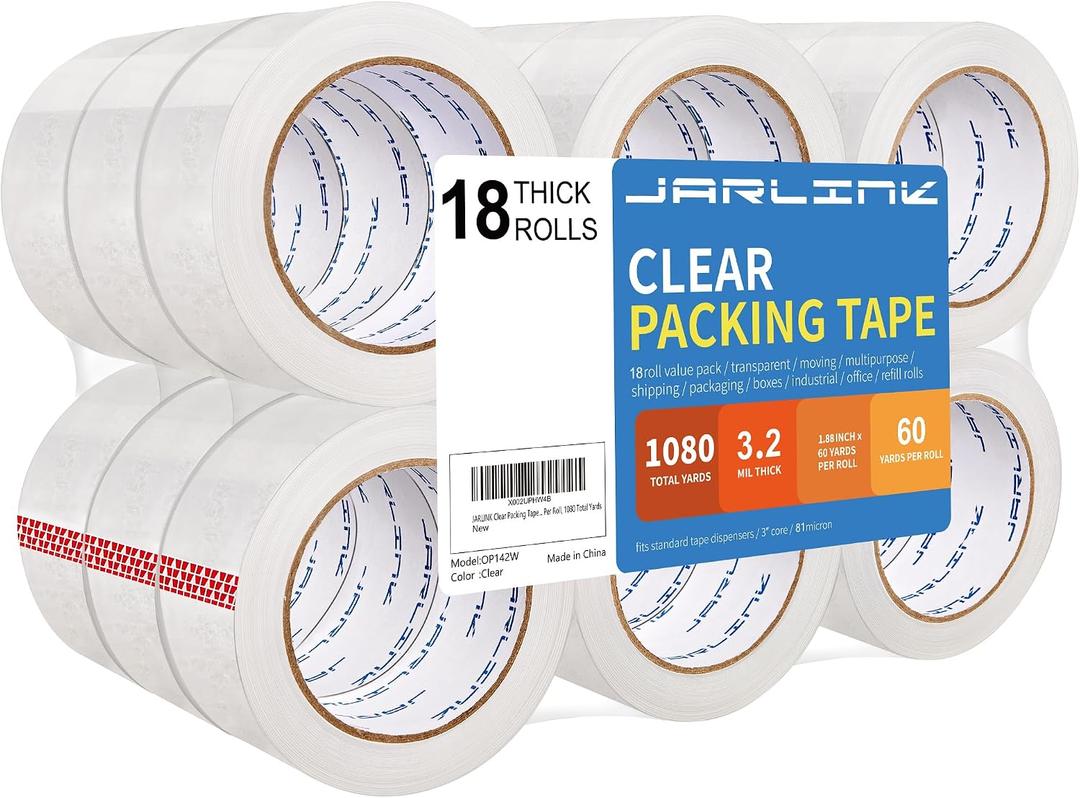JARLINK Clear Packing Tape (18 Rolls), Heavy Duty Packaging Tape for Shipping Packaging Moving Sealing, 3.2mil Thick, 1.88 inches Wide, 60 Yards Per Roll, 1080 Total Yards