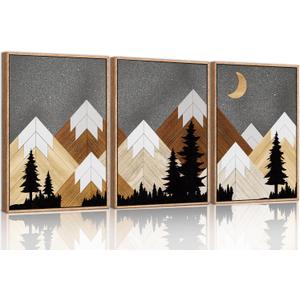CHDITB Mountain Framed Canvas Wall Art Set, Country Wood Style Wall Decor, Rustic Farmhouse Wall Painting, Forest Nature Art Print for Living Room, Bedroom, Dinning Room, Office - Large Size 16"x24"x3