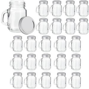 Juvale Mini Glass Jars with Handles - 4 oz, Clear, 24-Pack - Airtight Metal Lids for Canning & Spice Storage - Shot Glass Jars with Lids & Handles for Moonshine, Jam, Candle & Craft Projects