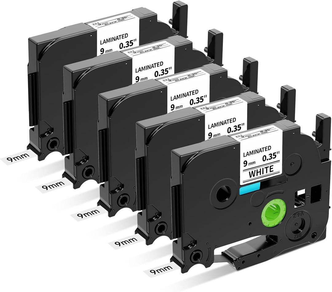 TZe-221 TZe221 TZe TZ Tape 9mm 0.35 Laminated White Replacement for Brother Label Maker Tape 9mm P Touch Label Tape, Compatible with Brother PT-D220 PT-D210 PT-H110 PT-1890, 3/8 Inch, 5-Pack (Black on White)