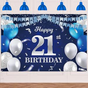 Happy 21st Birthday Banner Backdrop Navy Blue Balloons Confetti Stripe Flag Light Spots Cheers to 21 Years Old Theme Decorations Decor for Women Men 21st Birthday Party Bday Supplies Glitter Silver