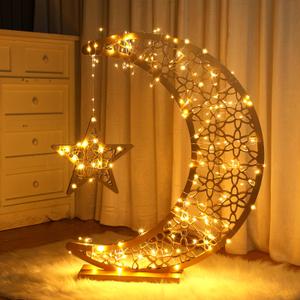 Tujoe Eid Crafts Night Light Wooden Ramadan Star Crescent Mubarak Lamp Decor Glittery Moon Eid Decor with Battery Operated LED Eid Ornament Gift for Holiday Table Party(20 x 17 Inch)