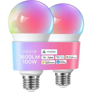 OREiN Matter Smart Light Bulb, 1600 Lumens 100W Equivalent Smart Light Bulbs, Color Changing Light Bulbs Work with Apple Home, Alexa, Google Home, SmartThings, A21 Smart Bulbs 2.4Ghz WiFi, 2Pack