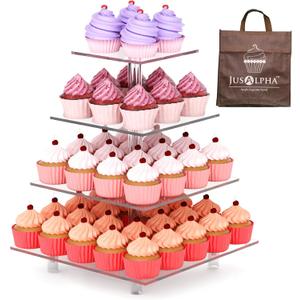 Jusalpha Large 4 Tier Cupcake Stand Square Acrylic Cupcake Tower Stand for Dessert, Pastry, Serving Platter-Candy Bar Party Dcor and Supply(with Rod Feet) (4SF-V2)