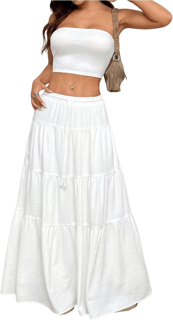 SOLY HUX Women's Summer 2 Piece Outfits Bandeau Tube Top and Ruffle Hem Long Skirt Set M