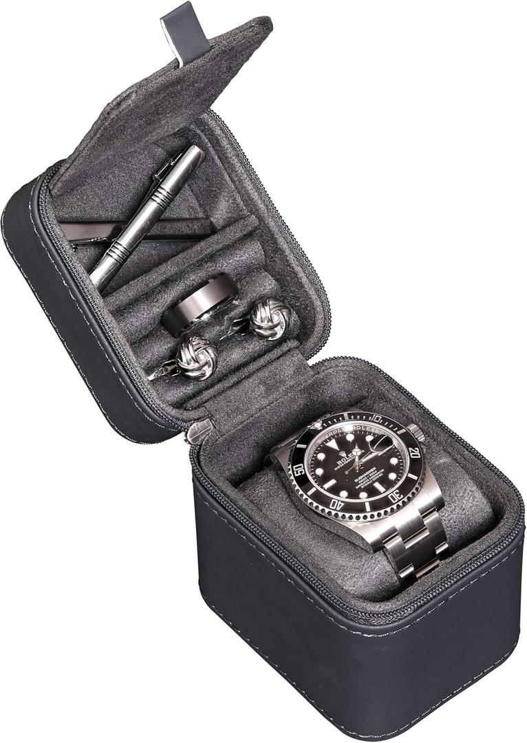 ROTHWELL Single Watch Travel Case with Accessory Compartment | Compact PU Leather Protective Box with Microsuede Interior | Fits Watches & Smartwatches Up to 55mm | Accessory Lid for Jewelry (Carbon)