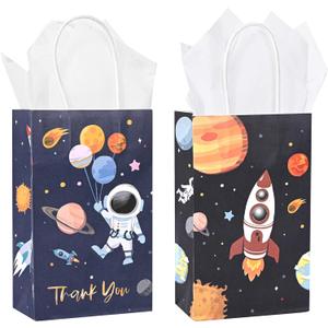 36 Pack Small Outer Space Galaxy Themed Gift Bags with Handles and White Tissue Paper for Boys Girls Kids Birthday Party Favors Treats Goodies, 9x5.5x3.15 Inch (Rocket & Astronaut Assorted Designs)