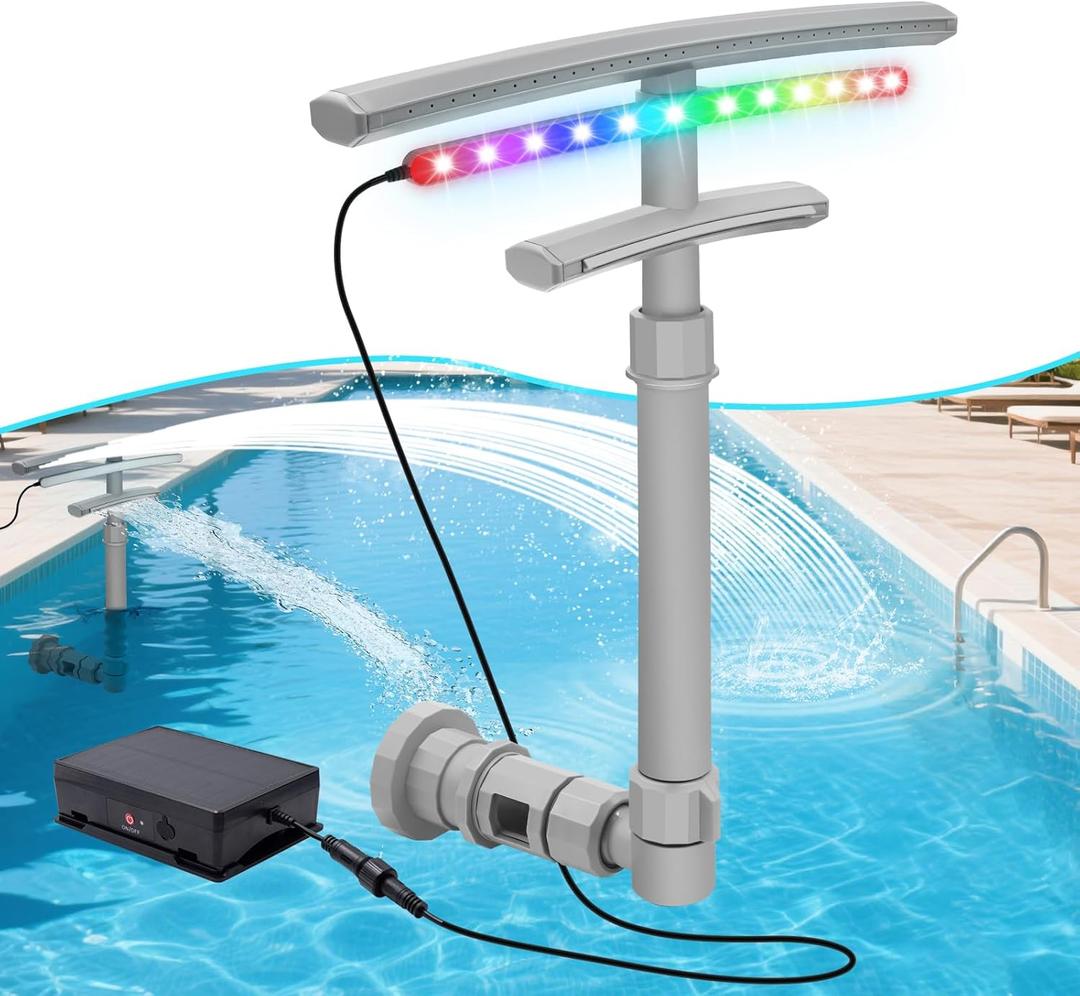 Pool Fountain for Above and In-Ground Pools,Solar Pool Fountain with Light Show,Adjustable Dual Spray Waterfall Sprinkler Cooler for Pool,Equipped with 12 Color LED Lights