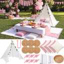 91'' x 110'' Extra Large Outdoor Boho Picnic Blanket Pink Table Runner Lace Teepee Tent 6 Throw Pillow 6 Napkins 6 Placemats Storage Basket Garland for Picnic Camping Wedding Garden