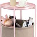danpinera Round Side Table with Fabric Storage Basket, Metal Side Small Bedside Table Nightstand with Removable Tray Top for Living Room, Bedroom, Nursery, Laundry, Pink