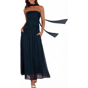 Summer Maxi Dresses for Women 2026 Strapless Ruched Tube Dress with Scarf Beach Vacation Spring Wedding Guest Dress Pockets (Blue, XL)