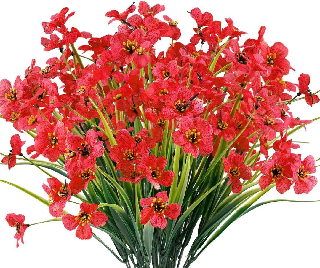 JEMONG 12 Bundles Artificial Flowers Outdoor UV Resistant Fake Flowers No Fade Faux Plants Garden Porch Window Box Decorating (Deep Red)