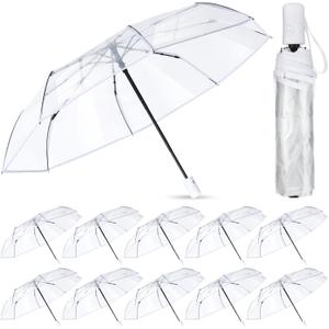Sanwuta 12 Pcs Transparent Folding Umbrella Full Automatic Clear Foldable Auto Open Close Umbrellas for Rain Wedding (White)