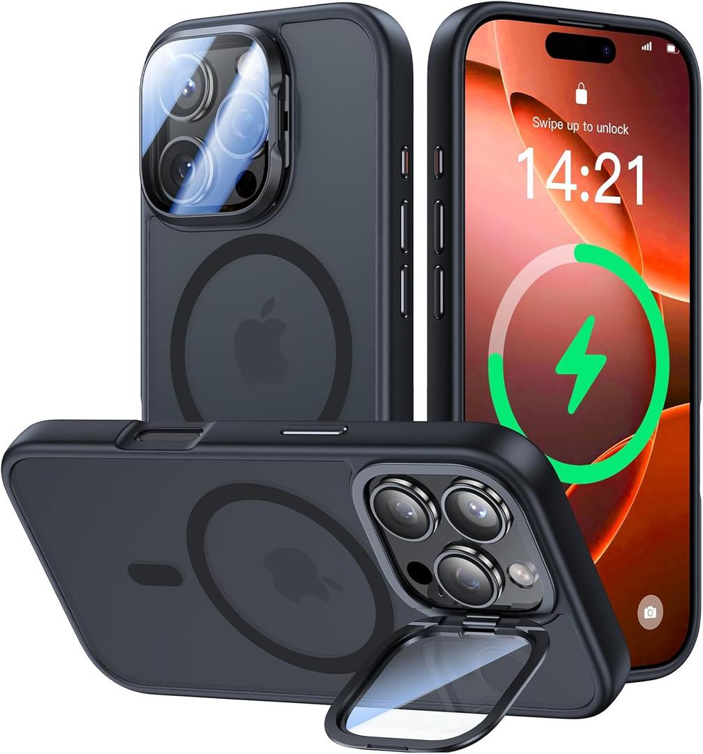 VOFATA [Upgraded] for iPhone 16 Pro Case with Camera Cover Stand [Fit for MagSafe][9H Camera Lens Protector] Mil-Grade Protection Translucent Matte Magnetic iPhone 16 Pro Phone Case, Black