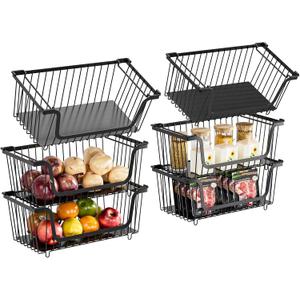GAOKASE 6 Pcs Stackable Wire Baskets for Pantry Organizers and Storage,Vegetable Fruit Basket for Countertop,Kitchen Storage Metal Baskets,Produce Potato Onion Storage Bin,Black