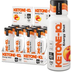Ketone-IQ Exogenous Ketone Energy Shots with Caffeine - 12 Pack of Green Tea Caffeine Shots with 5g Bioidentical Ketones and B Vitamins - Fast Acting, On The Go Clean Energy Drink (Peach)
