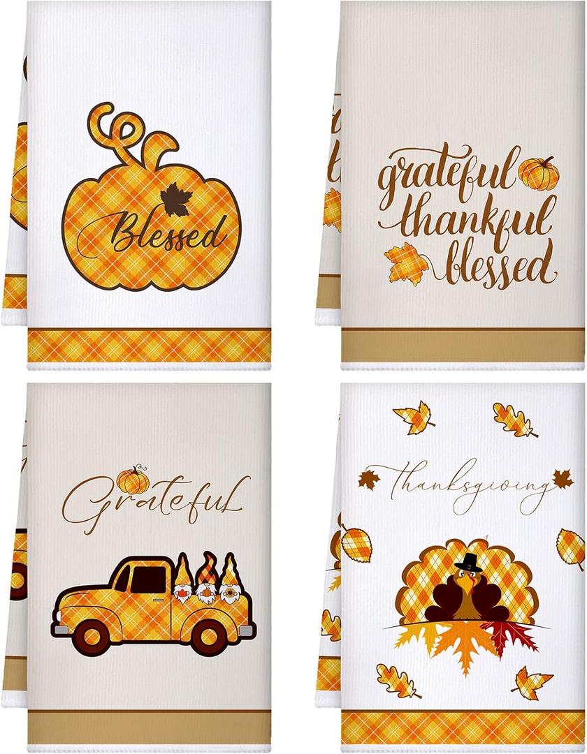 Bencailor 4 Pcs Thanksgiving Kitchen Towels Fall Dish Hand Towels Pumpkin Turkey Tea Washcloths for Thanksgiving Fall Autumn Kitchen Bathroom Decor Gifts(White, Orange,Pumpkin)
