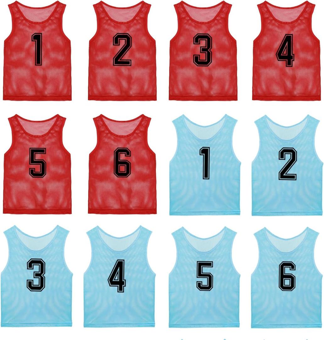 Pinnies Team Practice Vests with Numbers for Child Youth Teen Adult, Mesh Scrimmage Jerseys for Soccer, Football (Child/5-10 Years Old, Red-6 + Blue-6)