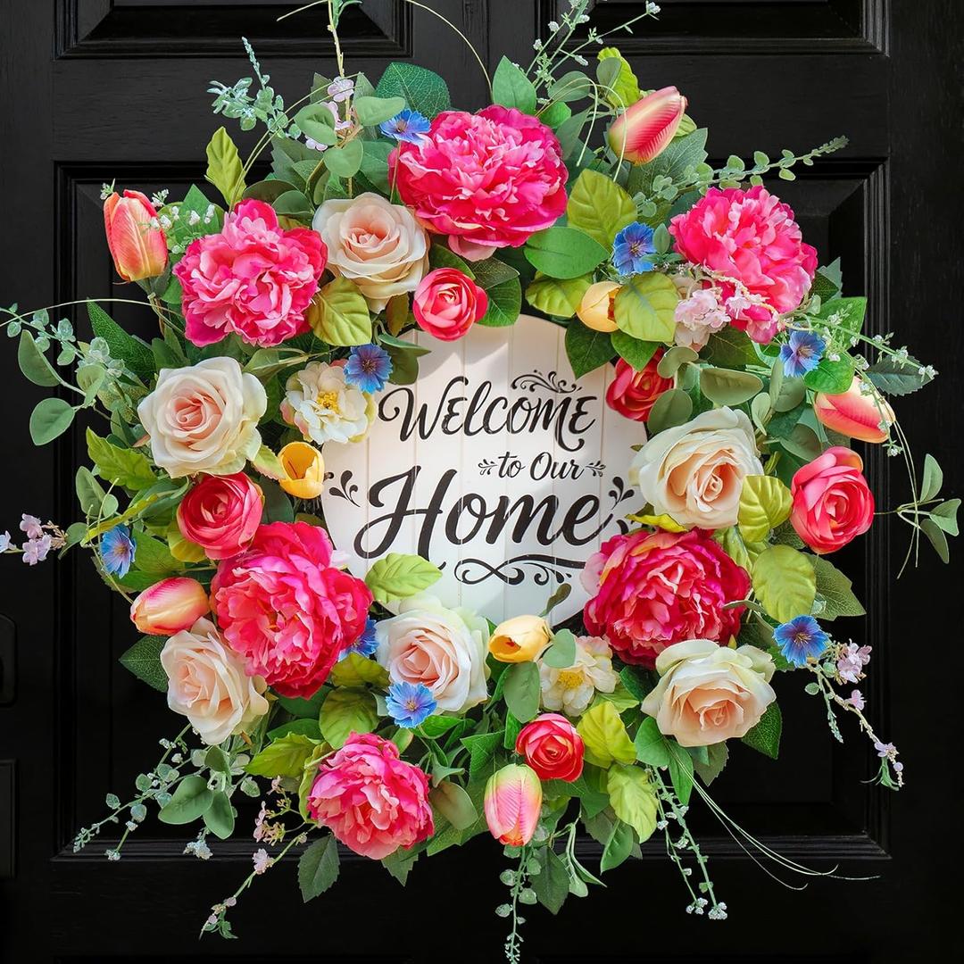 Spring Wreath for Front Door 24 Inch, Large Spring Summer Door Wreath with Artificial Peony Tulip Rose Flowers, Floral Wreath with DIY Wooden Welcome Sign for Outdoor Indoor Home Decor