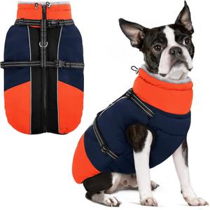 SUNFURA Dog Winter Coat, Warm Dog Coat with Harness for Medium Dogs Boys Girls, Reflective Fleece Lined Pet Winter Jacket Snowsuit for Pug, Jack Russel, Schnauzer, Blue M