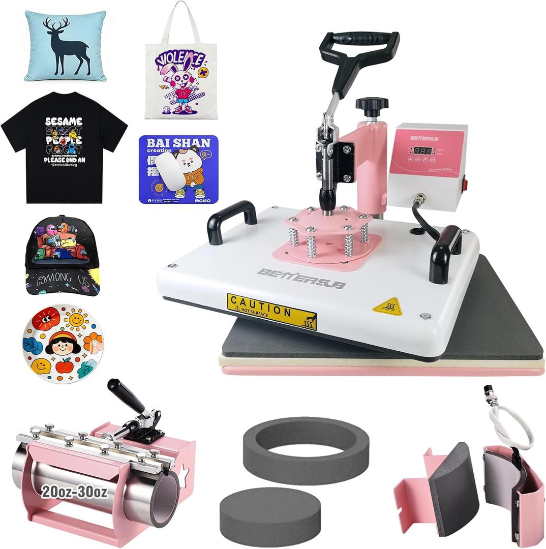 BetterSub Heat Press 12‘’ x15‘’ Combo 5 in 1 Heat Press Machine for T-Shirt Mug Hat Plate Cap Pattern Printing Heat Transfer Digital Industrial-Quality Sublimation Machine 360 Degree Swivel Pink White
