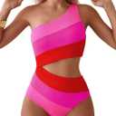 TASHEHE Women's One Shoulder One Piece Swimsuit Sexy Neon Color Block Bathing Suit Modest Full Coverage Cutout Swimwear (Pink, Small)
