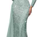 VOUIAO Women Sequin Beaded Mermaid Formal Evening Gown Long Sleeve Prom Dress Bodycon Wedding Guest Party Cocktail Maxi Dress Mint Blue M