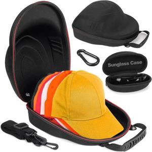 Hat Travel Case+Sunglass Case, Hard Hat Case for Baseball Caps Hat Storage for Travel with Carrying Handle & Shoulder Strap, Hat Organizer Holder Protects Up to 6 Hats for Traveling & At-Home Storage