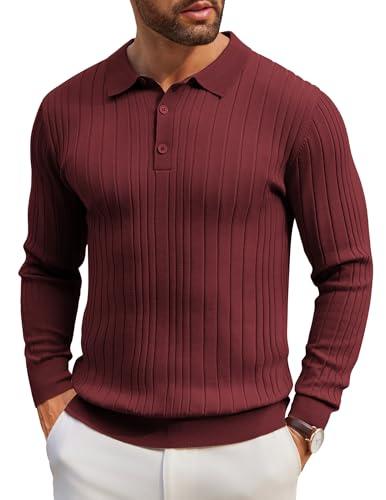 COOFANDY Mens Long Sleeve Polo Sweatershirt Lightweight Slim Fit Sweaters Knit Polo Shirt Fall Winter Wine Red, Size: XXL