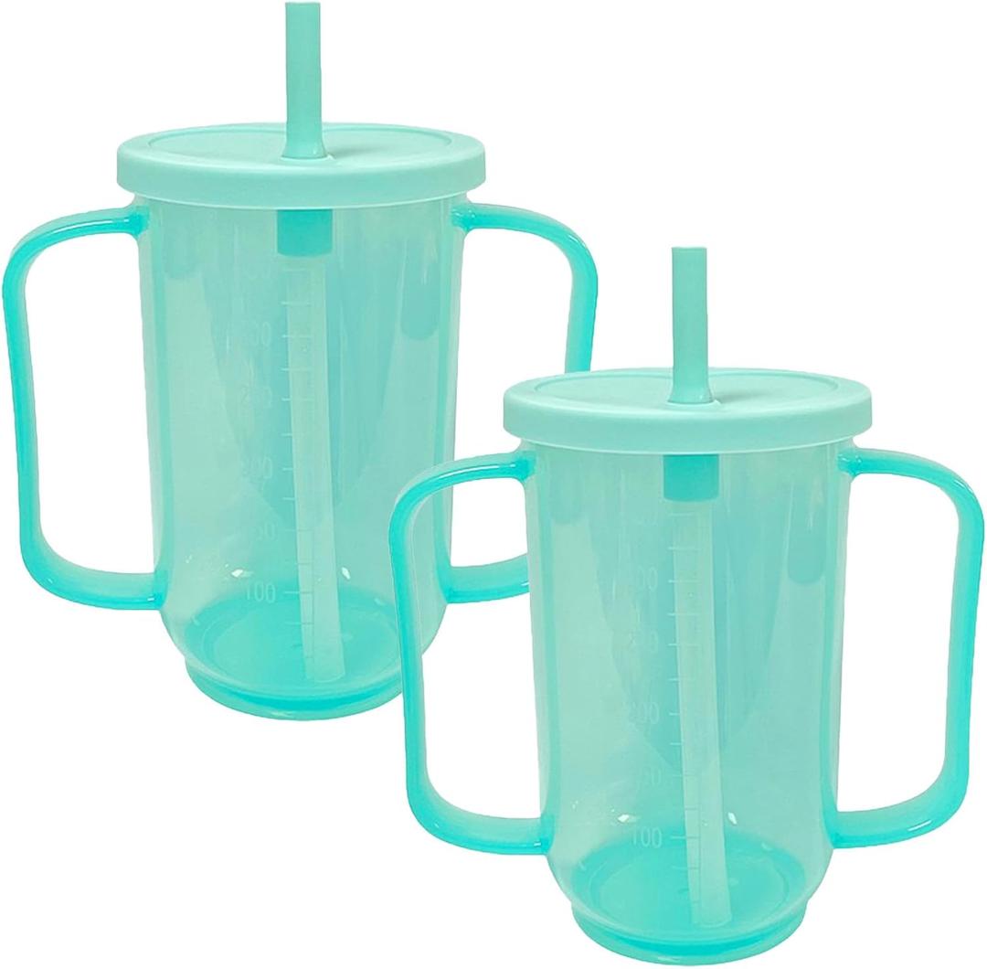2 Pack Adult Sippy Cups for Elderly 12oz No Spill Cup for Adults Dysphagia Cups with 2 Handles Straw for Disabled Patients Limited Mobility (Green)