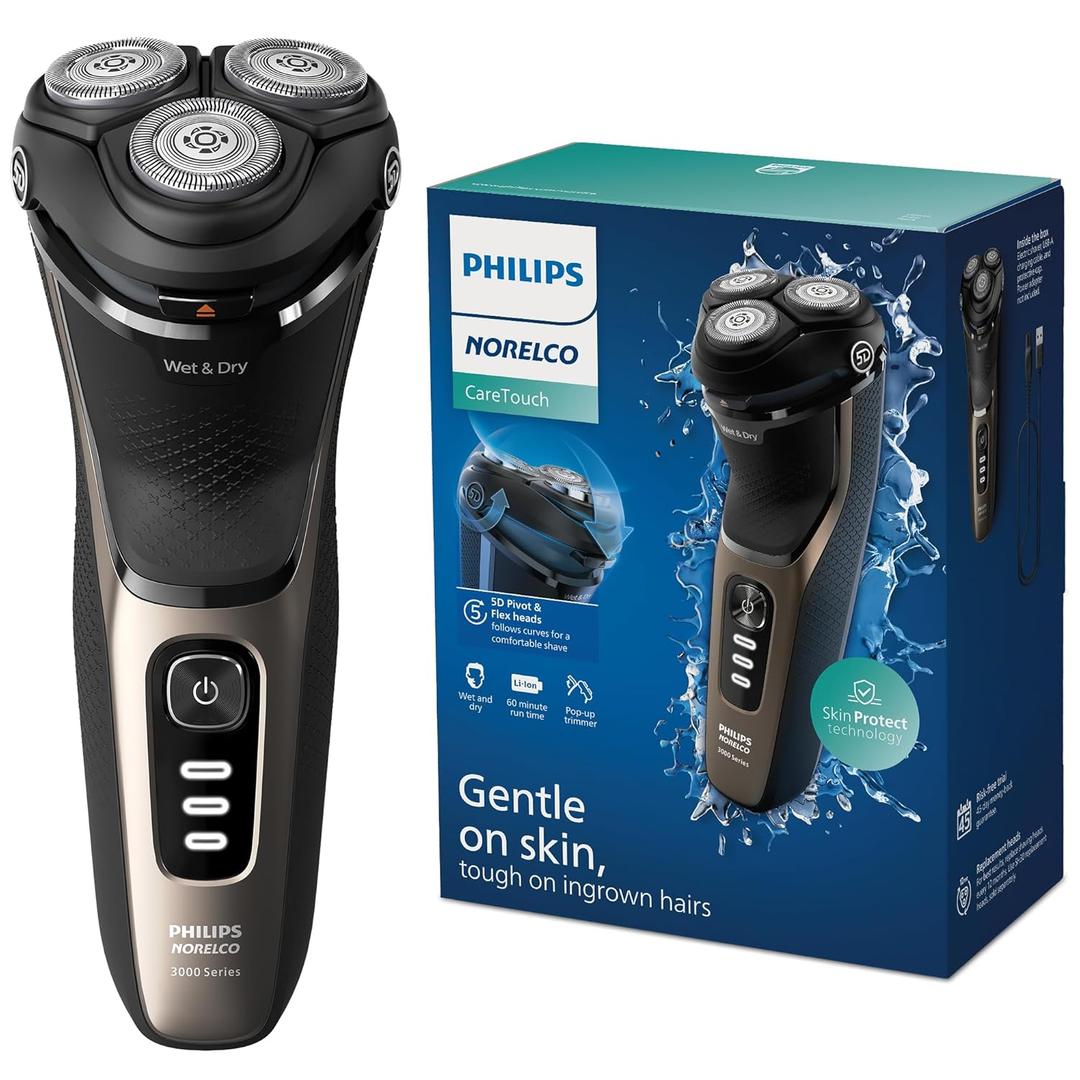 Philips Norelco Shaver 3000 Series Care Touch, Wet and Dry Electric Shaver, P-Cap, Travel Pouch, Model S3242/90