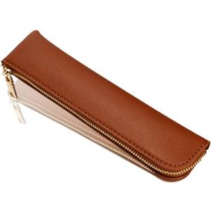 Leather pencil case, Thin soft pen bag, Small pencil case for adults, Senior leather Minimal pencil pouch with zipper. (Brown)