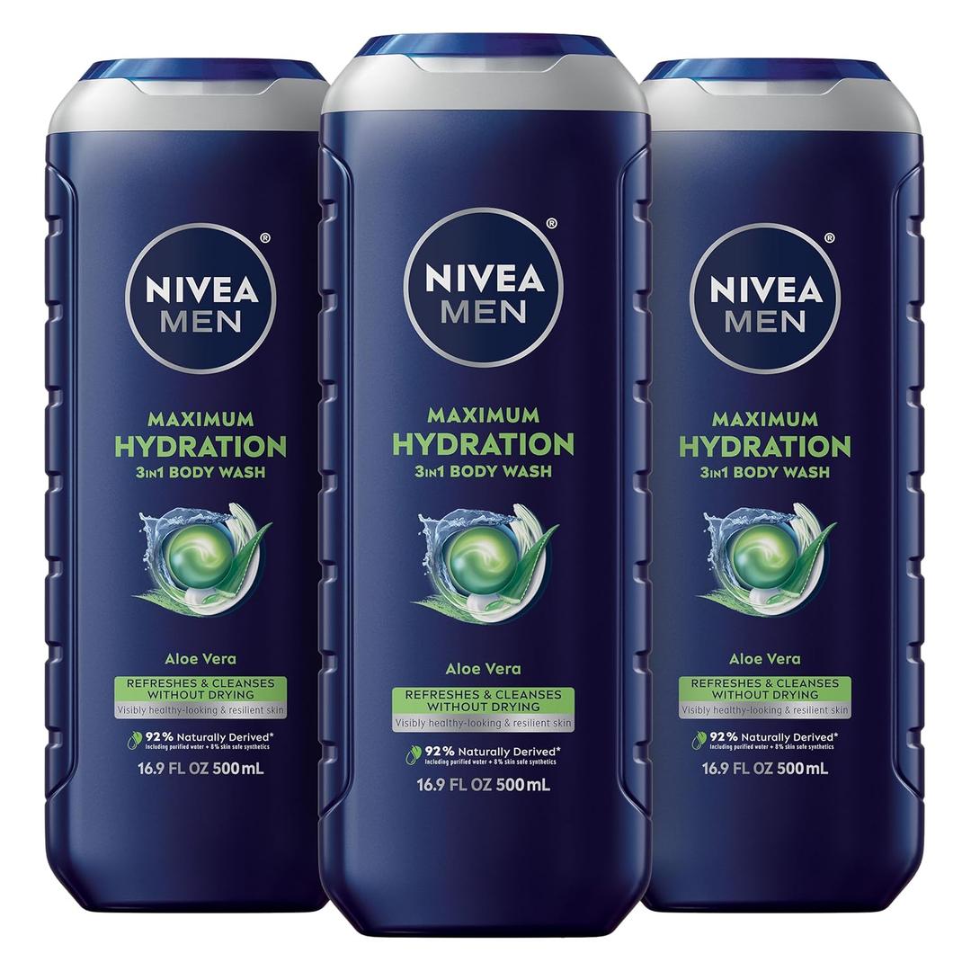 NIVEA MEN Maximum Hydration Body Wash for Dry Skin, Aloe Vera Enriched, 3-in-1 Moisturizing Body Wash, Face and Hair, Paraben Free, Vegan Formula, 16.9 Fl Oz Bottle, Pack of 3