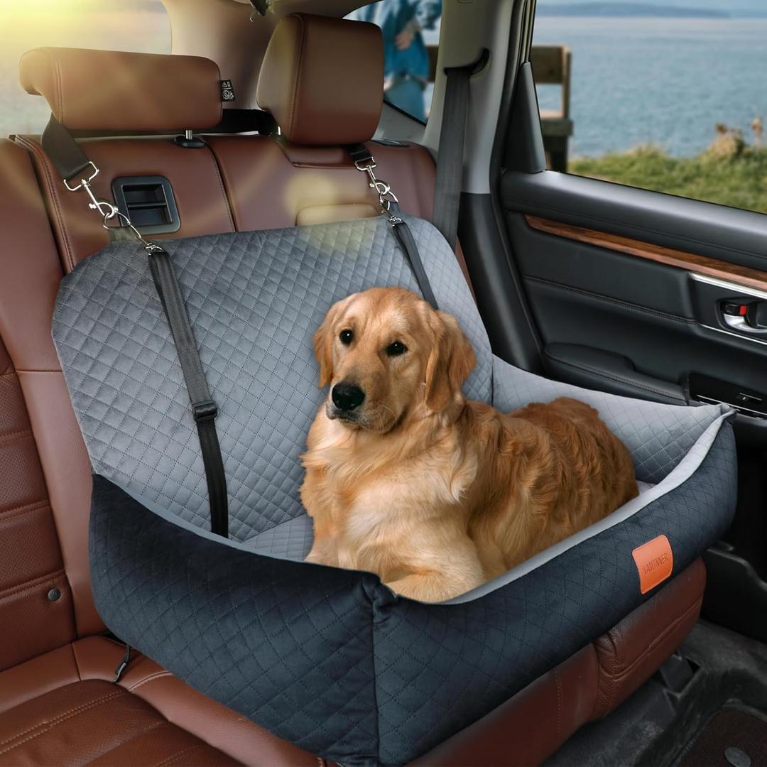 Dog Car Seat Bed for Large/Medium Dogs or 2 Small Dogs, Pet Booster Seat for Dog Travel Safety,Soft Fabric and Non-Slip Base,Can be Disassembled and Easy to Clean(Black Outside Grey Inside)