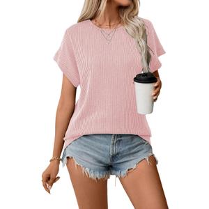 Samefar Womens Tops Dressy Casual Round Neck Short Cap Sleeve Shirts Rib Texture Loose Blouses Tee Cute Clothes Trendy (Yellow, S)