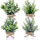 Yoratee 4 Potted Artificial Plants Metal Fake Potted Plant with Iron Pot Mini Greenery Decor Small Faux Plants for Indoor Farmhouse Home Porch Garden Bathroom Room Décor White