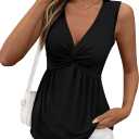 BTFBM Babydoll Tops for Women 2026 Trendy Spring Summer Outfits Twist Front V Neck Peplum Flowy Tank Tops Dressy Casual (Black, M)