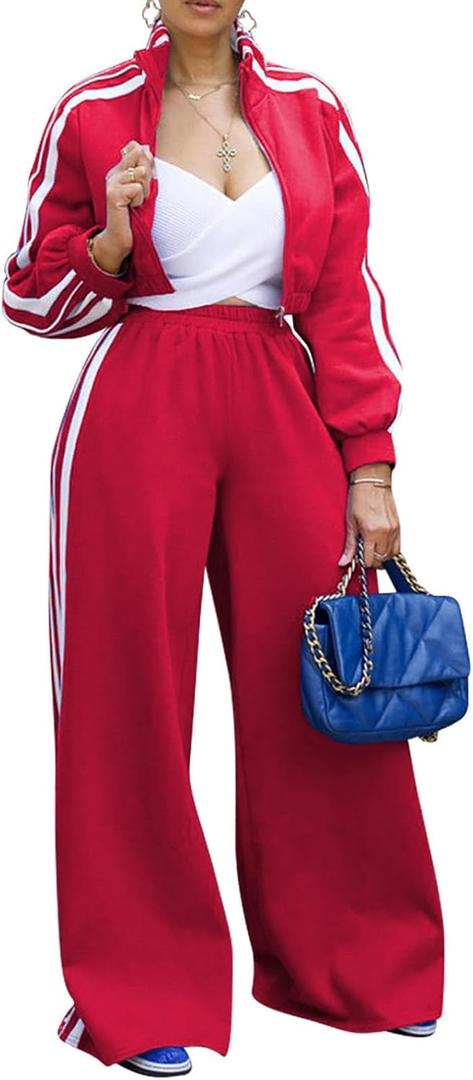 Akmipoem Sweatsuits Women 2 Piece Outfit Striped Tracksuit Long Sleeve Zipper Cropped Jackets Wide Leg Sweatpants Set (Small, Red)