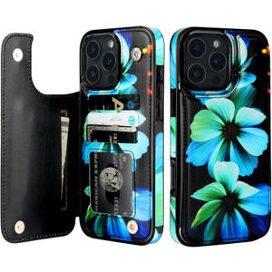HAOPINSH for iPhone 16 Pro Max Wallet Case with Card Holder, Blue Florals Pattern Back Flip Folio PU Leather Kickstand Card Slots Case for Women Girls, Double Magnetic Clasp Shockproof Cover 6.9"