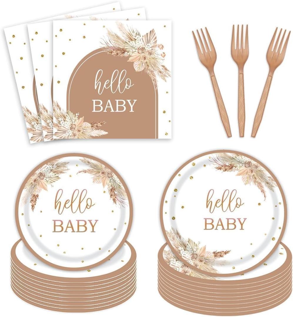 96pcs Boho Baby Shower Party Plates and Napkins Tableware Set for 24 Guests Bohemian Pampas Grass Floral Rainbow Arch Party Dinnerware Supplies Favors Decorations for Hello Baby Events
