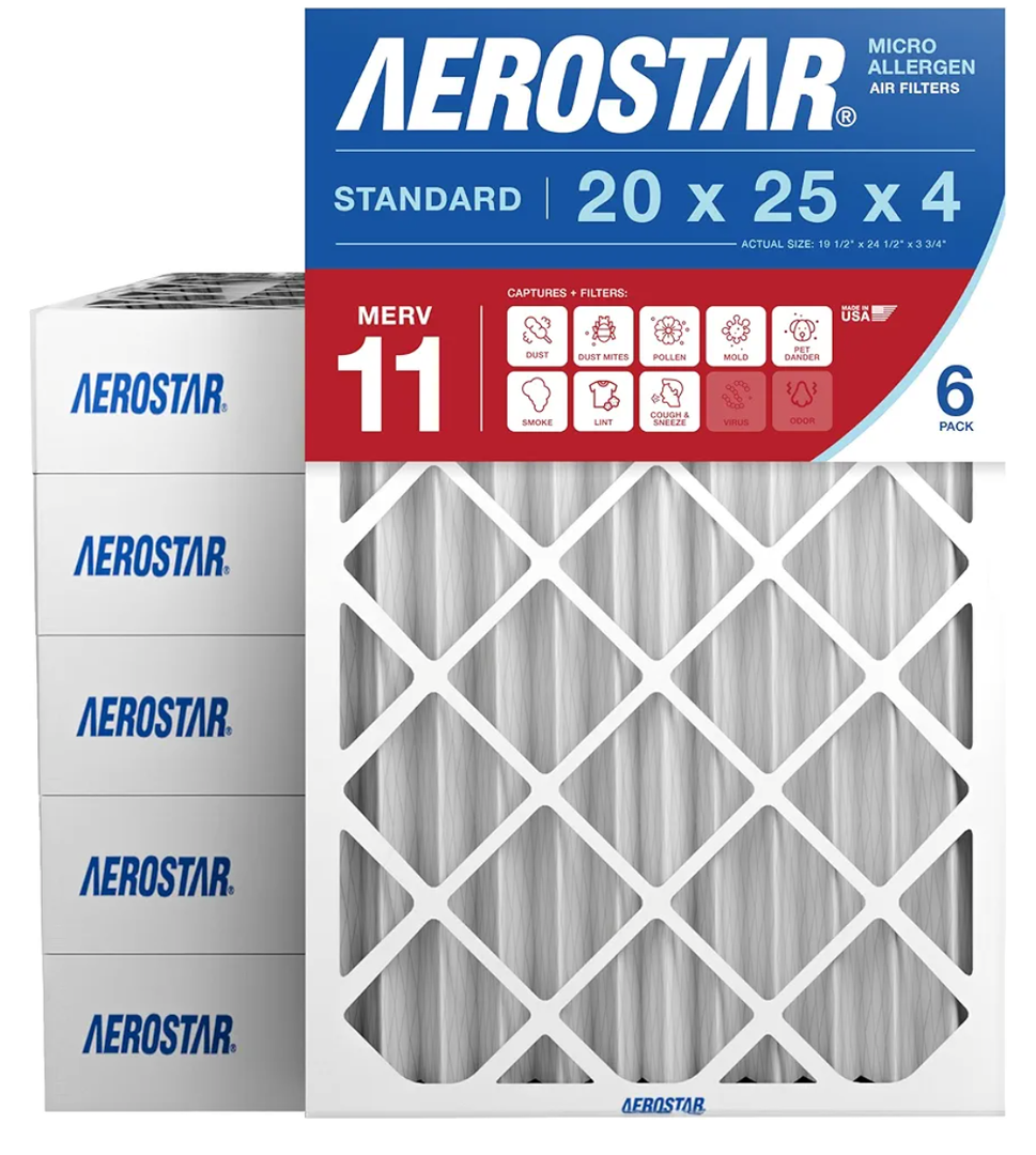 Aerostar 20x25x4 MERV 11 - 6 Count - Pleated HVAC, Furnace & Air Conditioner Filters - Removes Dust, Cold & Flu Germs, Lint, Mold, Pet Dander, Allergy-Causing Pollen, Smog & Smoke