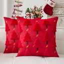 Kevin Textile Christmas Tree Pillow Covers 18x18 Inch Set of 2 Twinkle Golden Star Embroidery Soft Plush Faux Fur Throw Pillowcases for Couch Sofa Holiday Festivals Winter Xmas Gift, Red