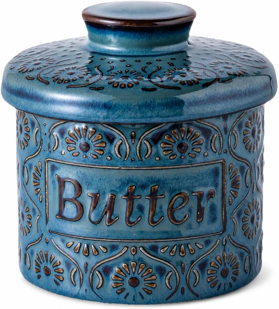 Ceramic Butter Crock, French Butter Keeper, Butter Crock for Counter with Water (Vintage Blue)