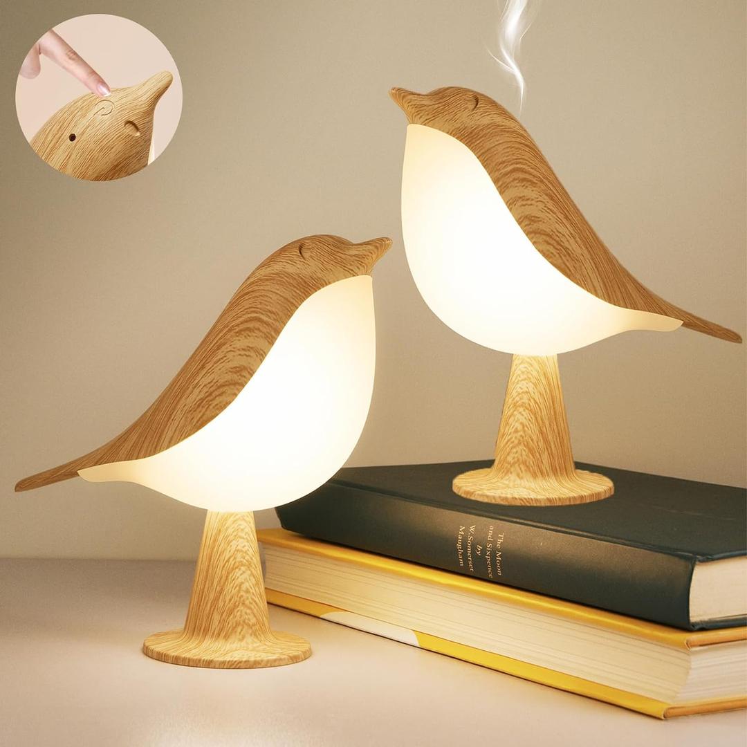 2 Cute Bird Table Lamps Combo,Rechargeable Cordless Lamp with 3 Color Temperature and Adjustable Brightness,Small Desk Lights for Bedroom Nightstand Bedside Table - Wood Tone