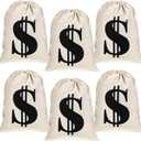 6 Pcs Large 11.8 x 15.7 Inches Money Bag Prop Canvas Drawstring Money Bag Dollar Sign Carrying Sack for Bank Robber Pirate Cowboy Cosplay Theme Halloween Party Favors(White)