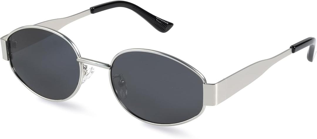 livho Retro Polarized Sunglasses - UV400 Protection, Oval Shape, Metal Frames - Matching Soft Case Inlcuded (Grey/Silver)