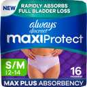 Always Discreet MaxiProtect Adult Diapers for Women, Incontinence Underwear, Scented, Postpartum Essentials, Bladder Leak Protection, Disposable Briefs, Maximum Plus Absorbency, Size S/M, 16 Count